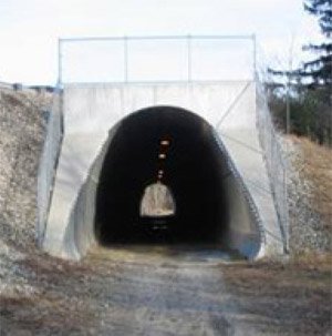 Photo.  A tunnel for a gravel bicycle path.  Cyclists can see daylight at the tunnel end and determine if there are others in the tunnel. Also, for security reasons, cyclists prefer to be able to see daylight at the tunnel end.