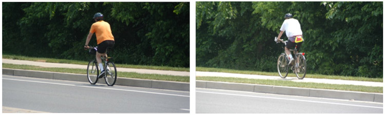 Photographs.  Observing the behavior of cyclists is essential to understanding the conditions that affect the safety of cyclists. Some cyclists may feel more comfortable riding on the sidewalk due to roadway conditions.  The photograph on the left shows a cyclist riding on a bike lane that is located on the far right portion of the travel lane.  The photograph on the right is of the same location only this time the cyclist is riding on the sidewalk rather than the bike lane. 