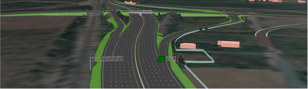 Figure 39: Image from 3-D model showing closeness of interchange ramps and multilane cross section