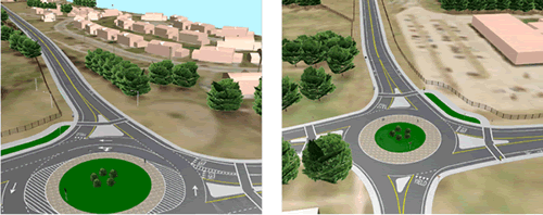 Figure 8: Proposed crosswalk and sidewalk accommodations along Burma Rd South, looking north from Coddington Hwy (left) and south from Gate 17 Access Rd (right)