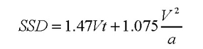 Equation 9. SSD equals 1.74 V t plus 1.075 times V squared over a.