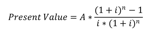Equation. Present value of uniform annual benefit or cost. Present value equals annual benefit or cost times the division of one plus inflation rate to the power of service life minus one divided by the product of inflation rate and one plus inflation rate to the power of service life.